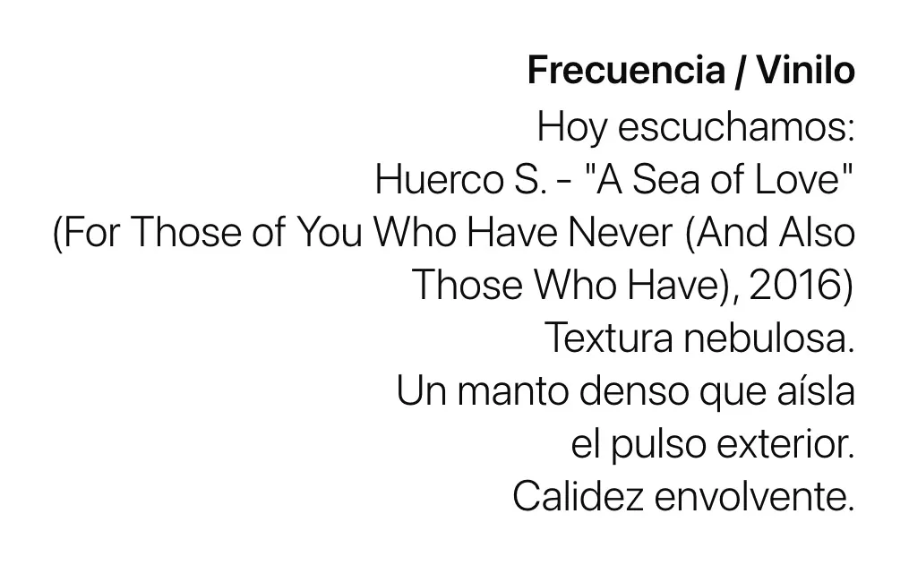 Placa del Diario Sensorial: Huerco S., A Sea of Love.